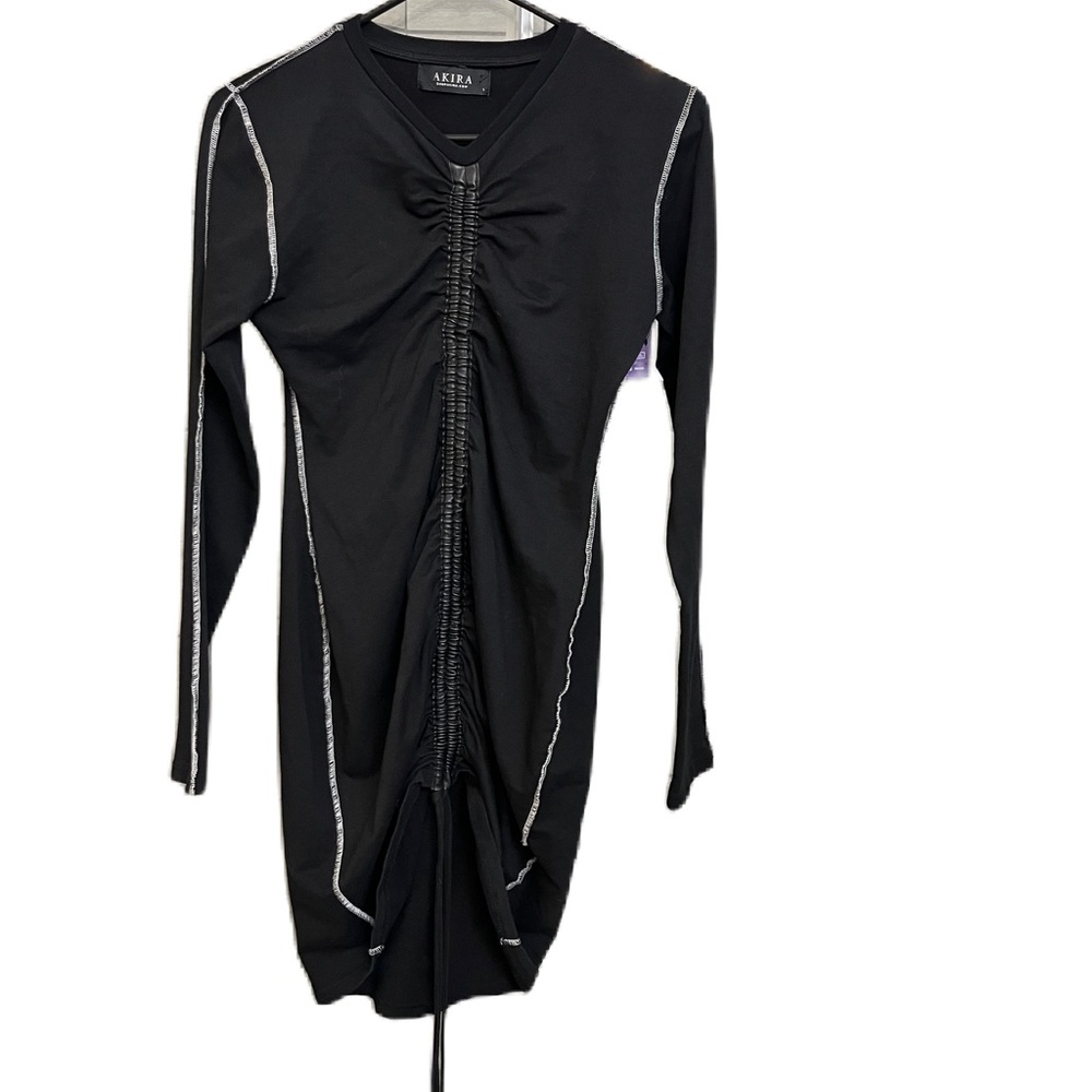 AKIRA Black Long Sleeve Ruched Center-Detail Dress